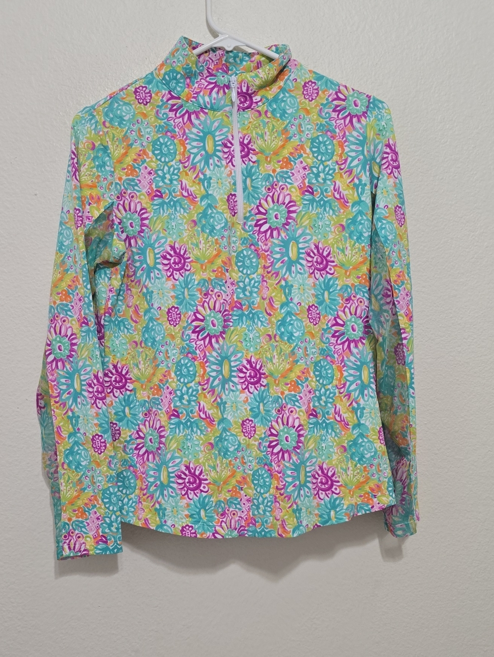 IBKUL Long-Sleeve Floral Zip Rash Guard - Aqua, Pink & Yellow M
